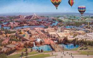 A painting of a theme park with hot air balloons flying over the water.