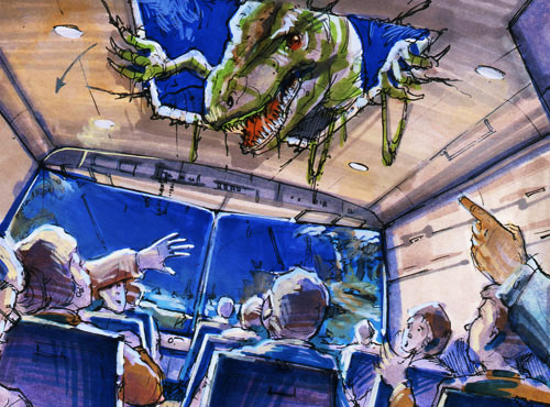 A painting of people sitting in chairs and dinosaurs