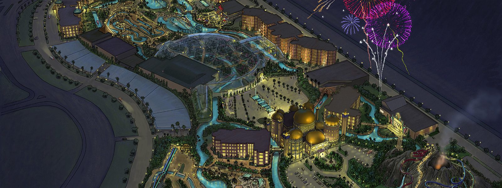A rendering of the resort area at night.