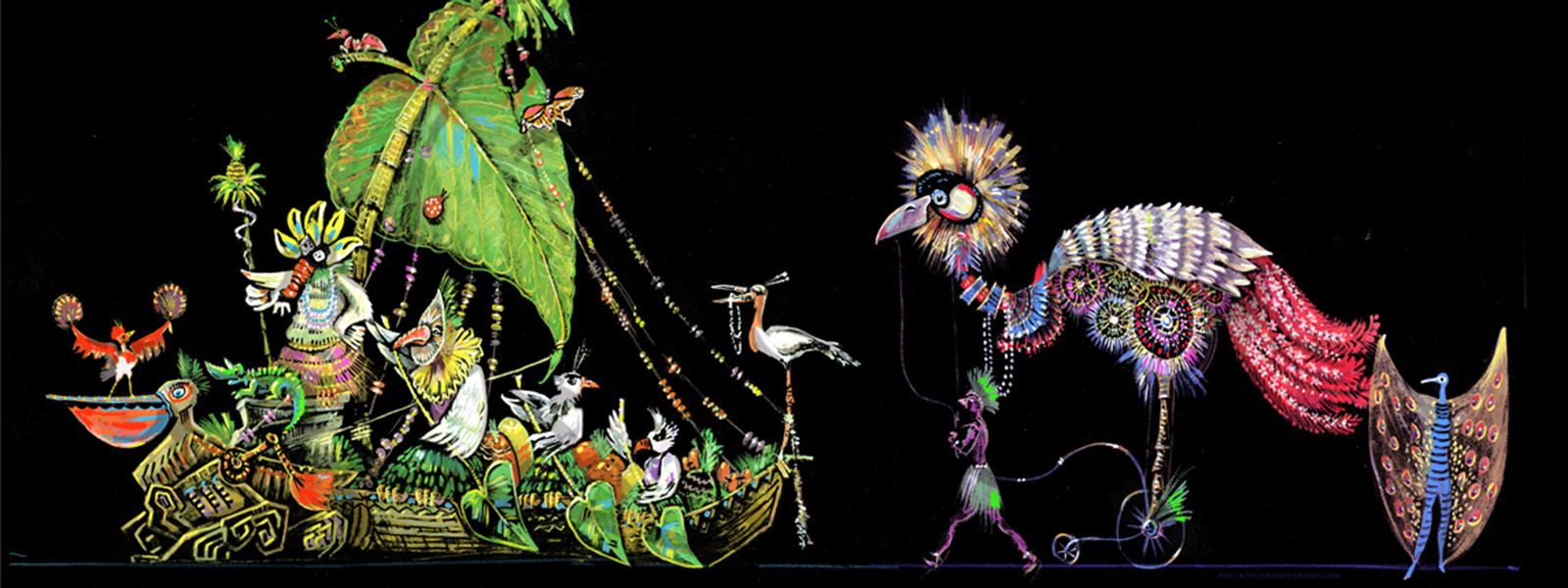 A painting of birds and animals in the dark.