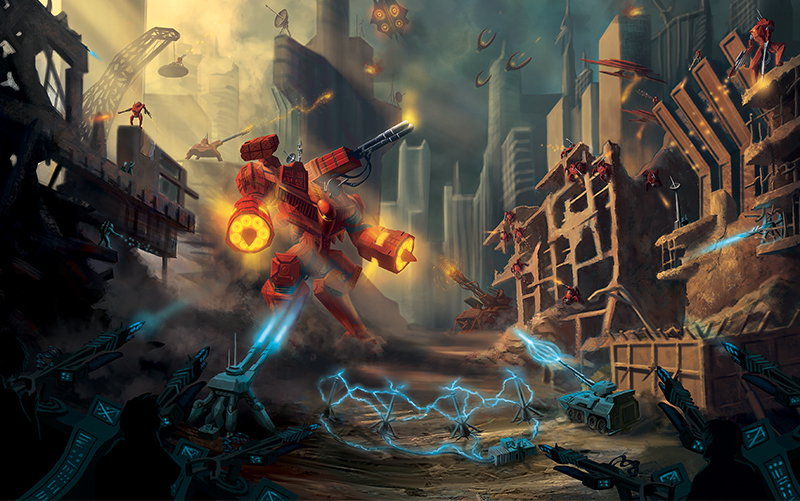 A painting of an orange robot in the middle of a city.