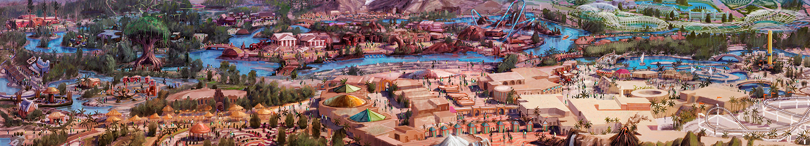 A painting of an area with tents and buildings.