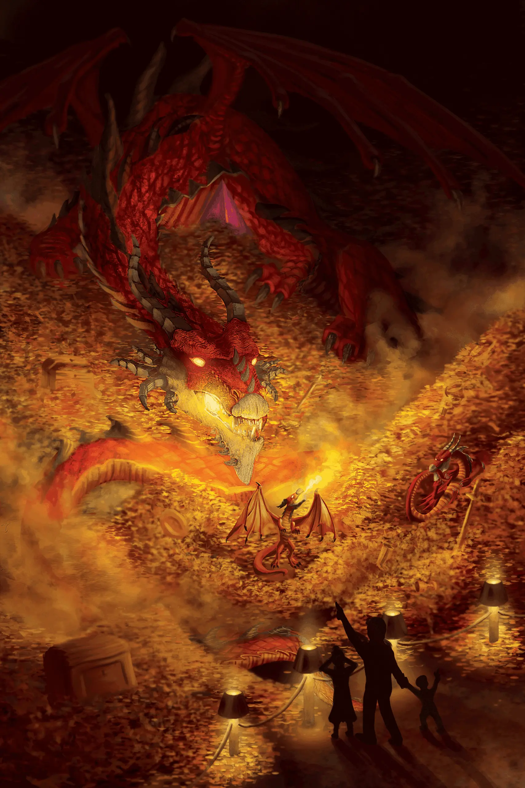 A dragon is shown in flames and smoke.